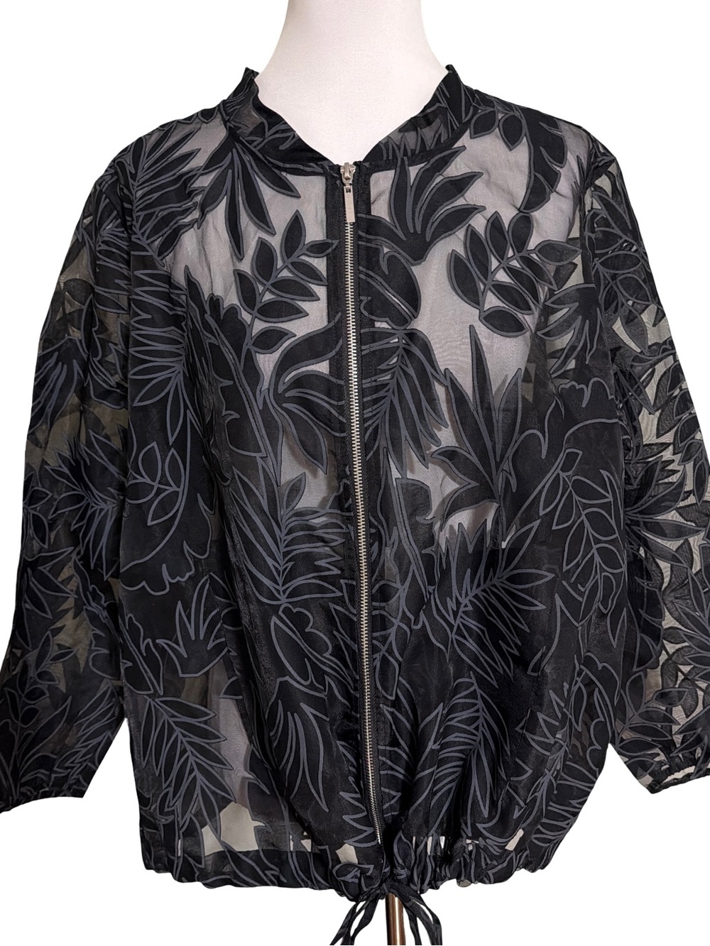 Wynne Layers Sheer Oversized Black Sheer Botanical Zip-Front Utility Jacket